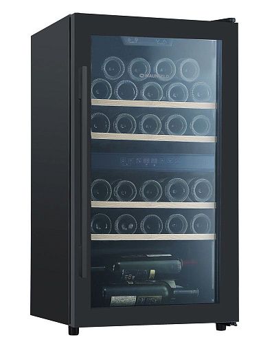 Винный шкаф Отдельностоящий MAUNFELD MFWC-85D28, 28 бутылок, две температурные зоны, черный фото в интернет-магазине «Mebelex»