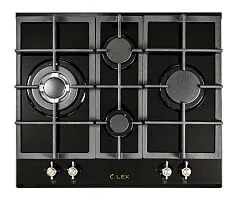 Газовая панель LEX GVG 643C BL (черное стекло, чугунные решетки, фурнитура полированная латунь)
